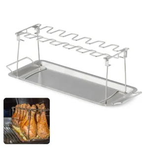 Kippenbout Houder voor BBQ met Druipbak – RVS Grillrek met 12 Sleuven voor Drumsticks en Wings-converted-from-png